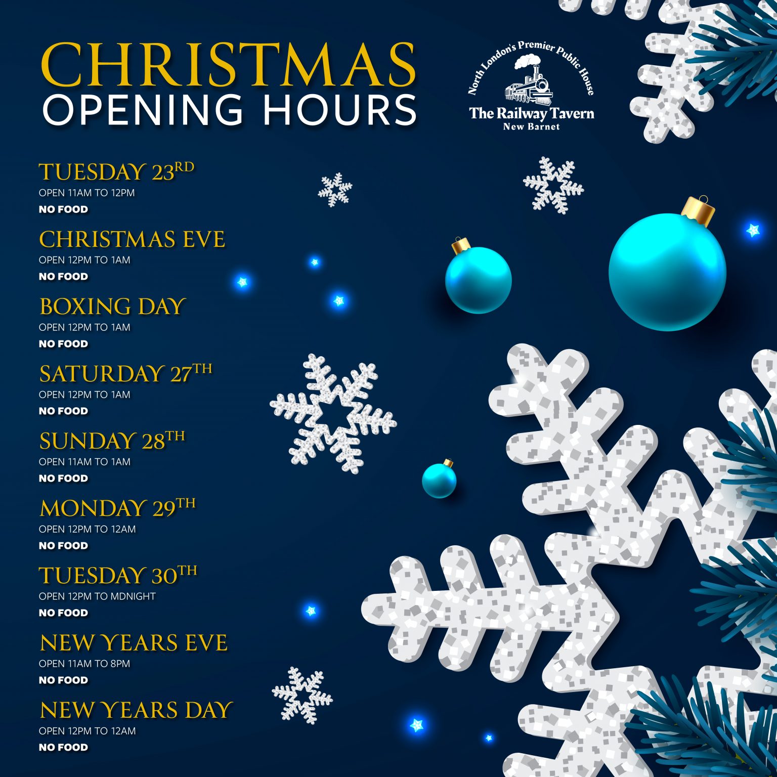 Festive Opening Times Railway Tavern