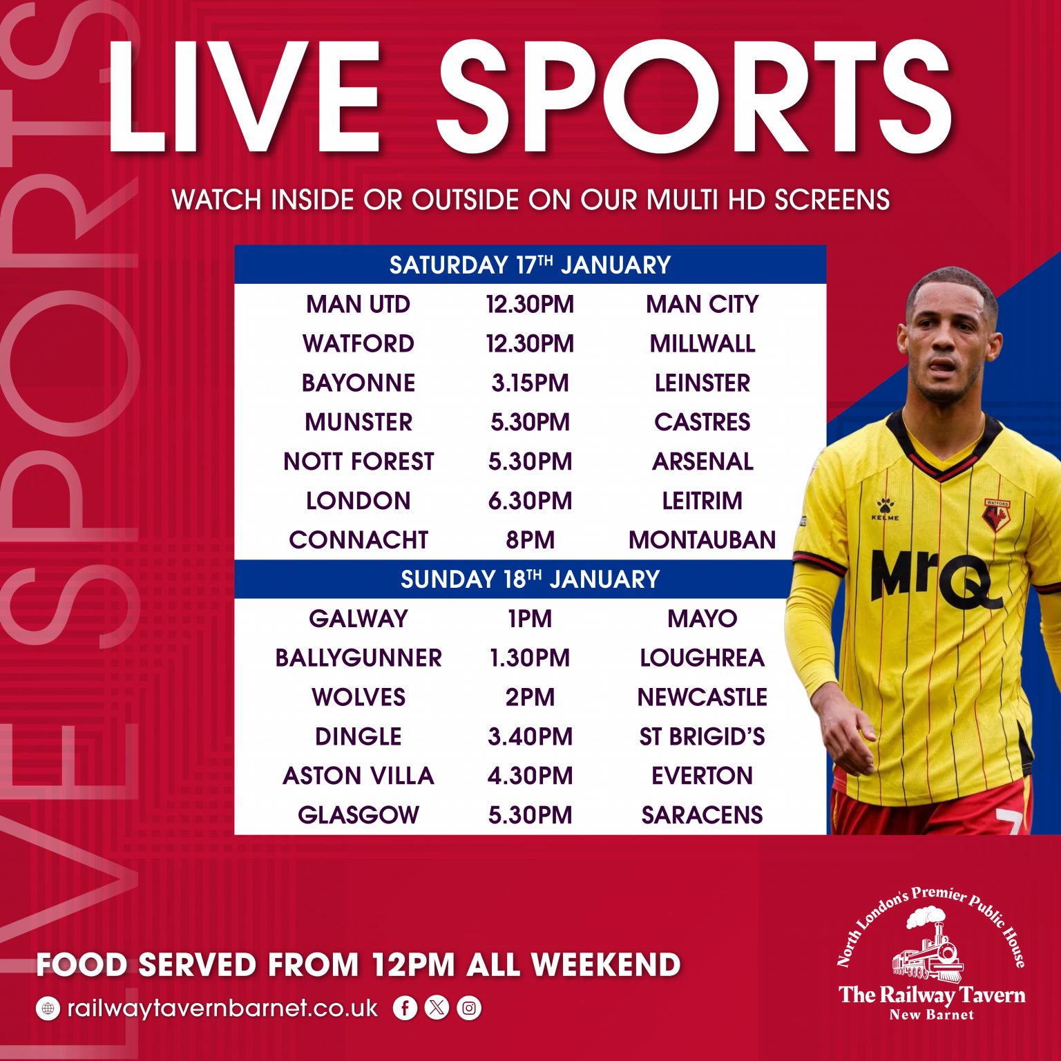 Live sports this weekend Railway Tavern