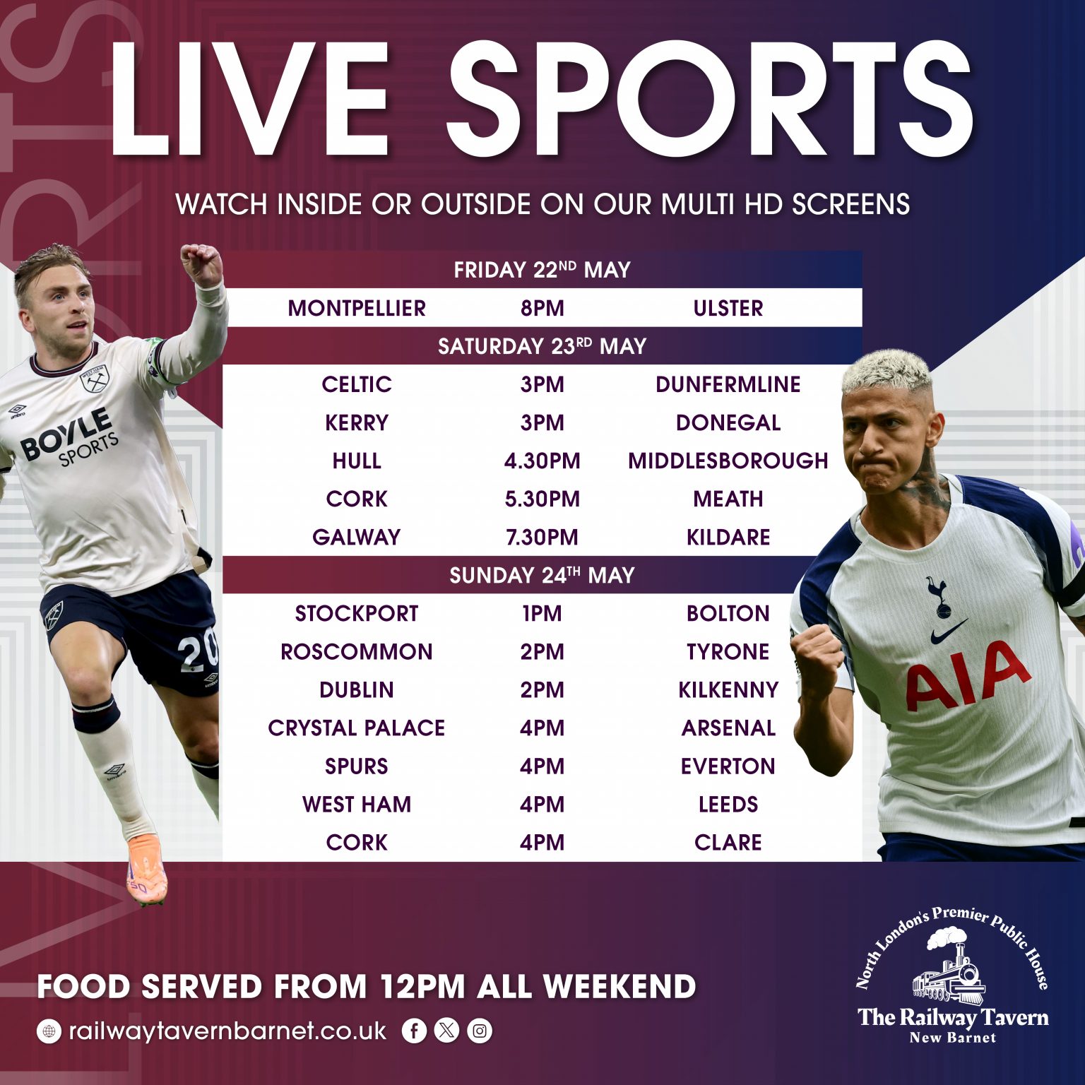 Live sports this weekend at The Railway Tavern
