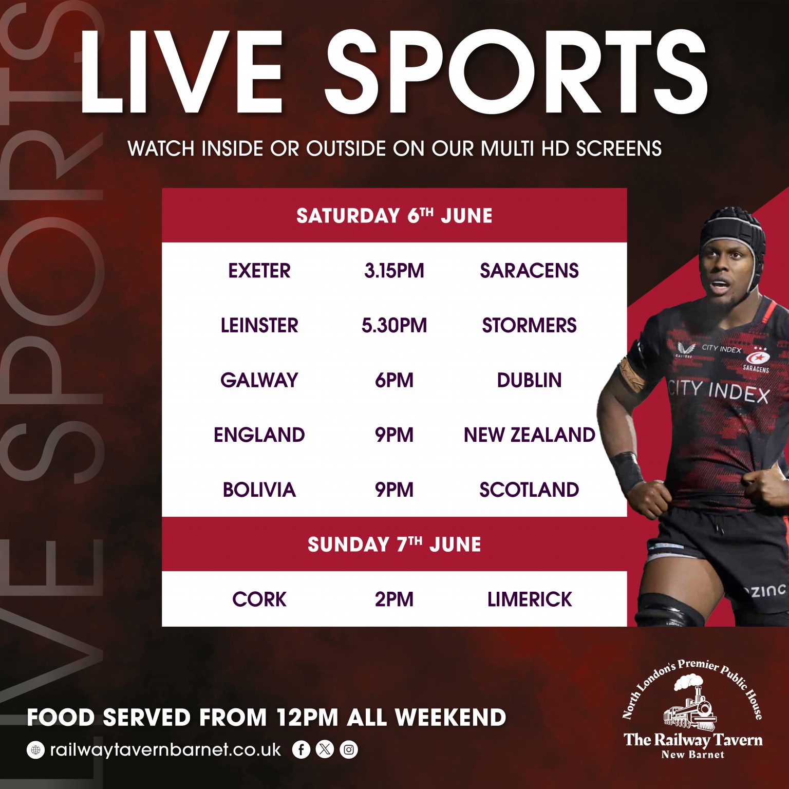 Live sports this weekend at The Railway Tavern