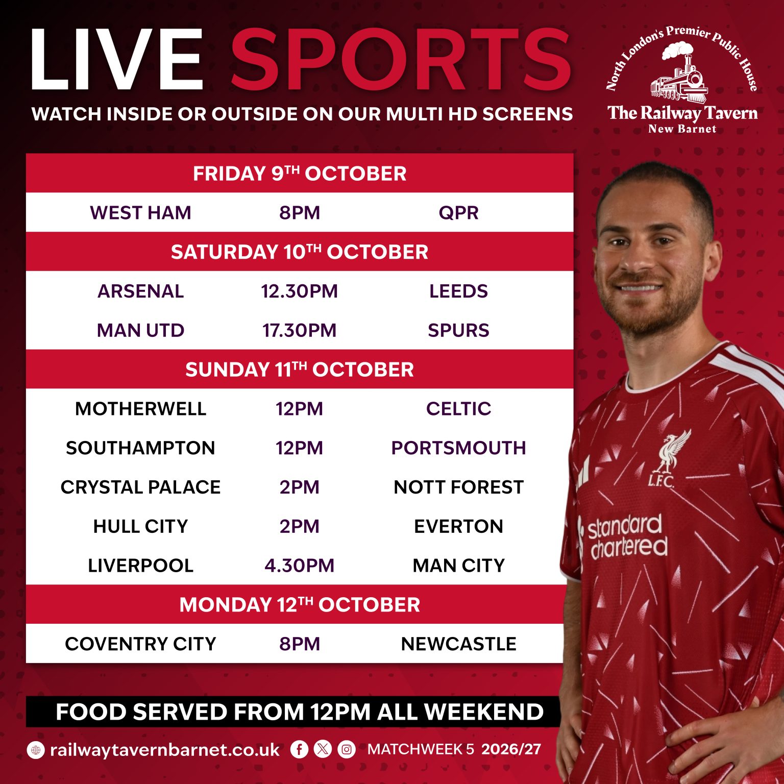 Live sports this weekend at The Railway Tavern New Barnet